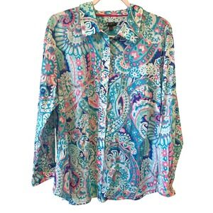 Talbots Womens 2X Button-Up Paisley Print Long Sleeve Cotton Shirt